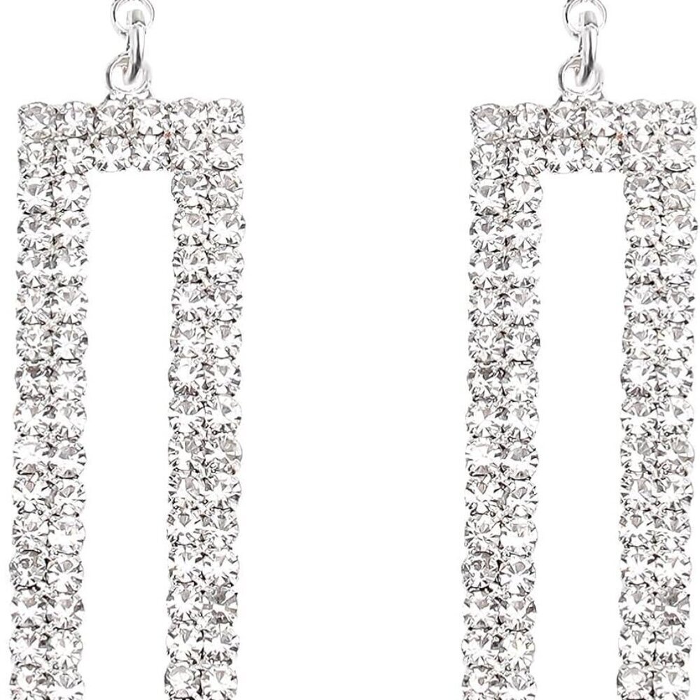 Rhinestone Long Drop Earrings Statement Rectangle Dangle with Circle Studs Fashi